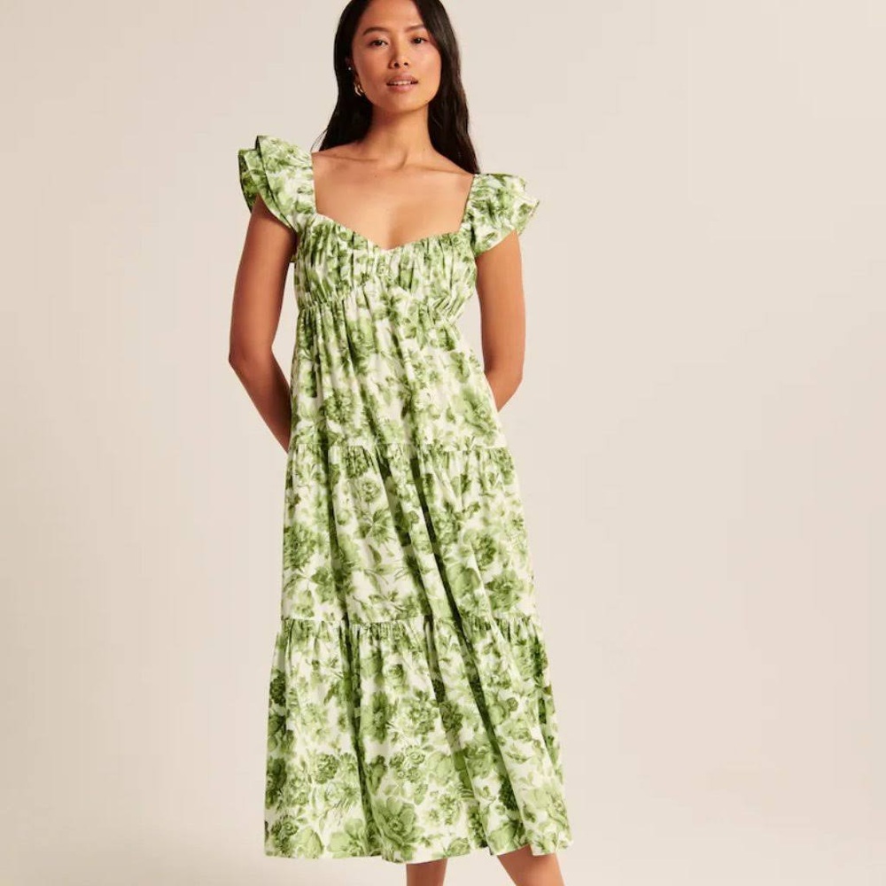 Abercrombie Ruched Flutter Sleeve Maxi Dress in Green Pattern- Size XL